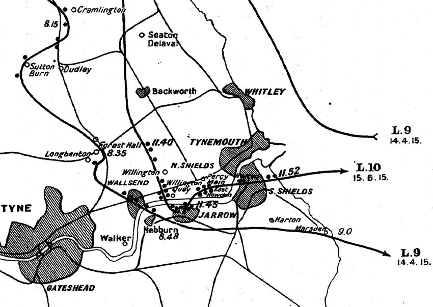 Image of close up of map of airship raids on Tyneside.