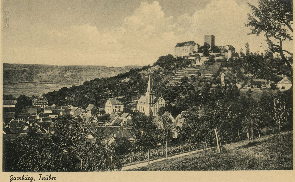 View of village of Gamburg, with its castle. An old postcard.