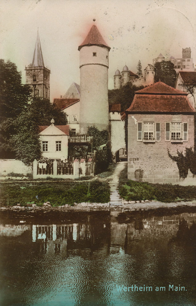 Image of view of the church tower at Wertheim from the river Main. A postcard.
