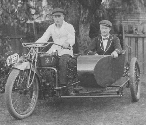 1920: David and son Eddie on a motor bike at 18 Manning-st Waverley