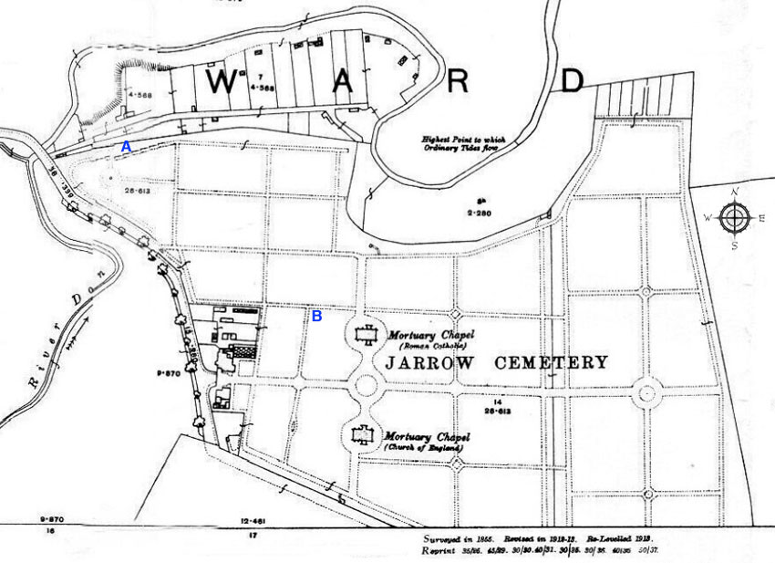 Image of 1913 OS map of Jarrow Cemetery.