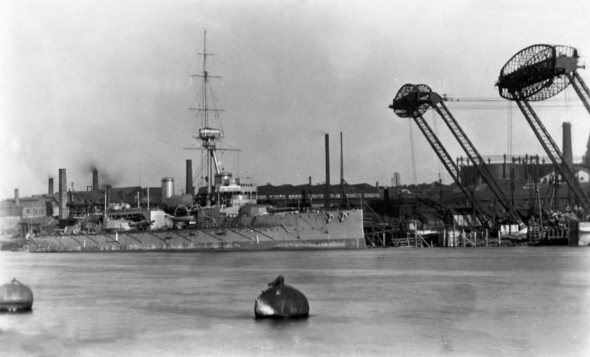 Image of 1911 view of HMS Hercules at Palmers Shipyards.