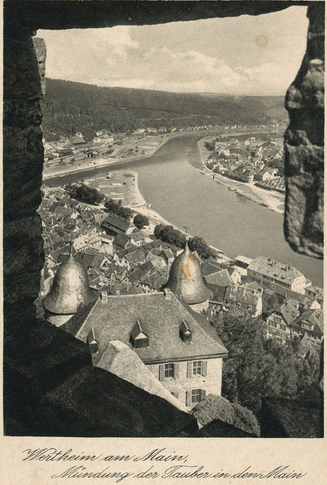 Image of view of the river Tauber joining the river Main from the Wertheim castle.  A postcard.