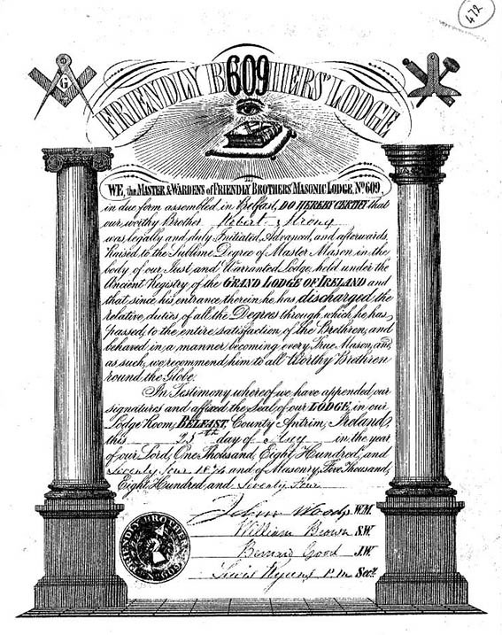 Image of Confirmation of Robert's membership of 609 Friendly Brothers Lodge.